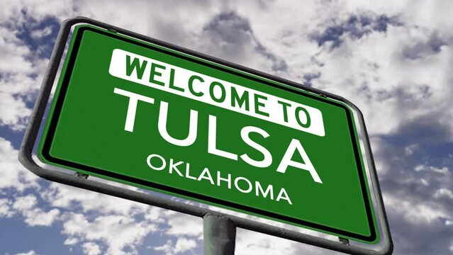 Welcome to Tulsa Oklahoma. USA City Road Sign Close Up, Realistic 3d Animation