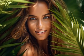Naklejka premium beautiful woman portrait with leaves