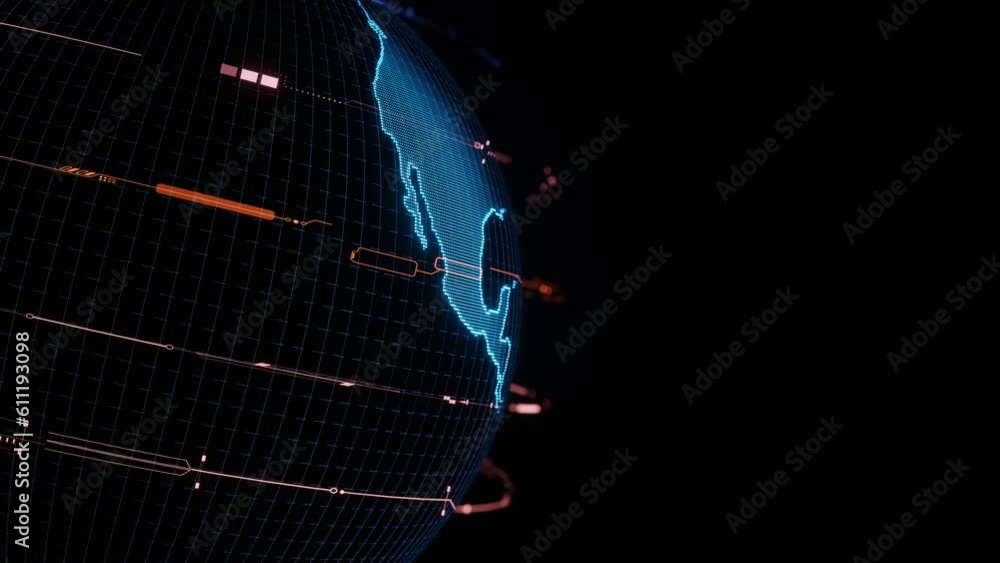 Poster rotating planet earth hologram with sci fi hud elements. seamless loop. for technology background
