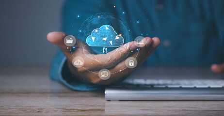 Businessman hand holding access cloud computing technology. Data storage security online in Networking and internet service. Connect devices to cloud. Cloud computing concept.