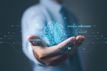 Hand holding brain of AI, Digital technology creative mind idea thinking and brainstorm. AI network of brain on business analysis, innovative and business growth development.
