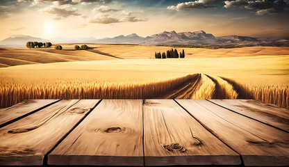 Wheat field. Wooden tabletop against the background of a wheat field. Banner. Copy space. created by AI