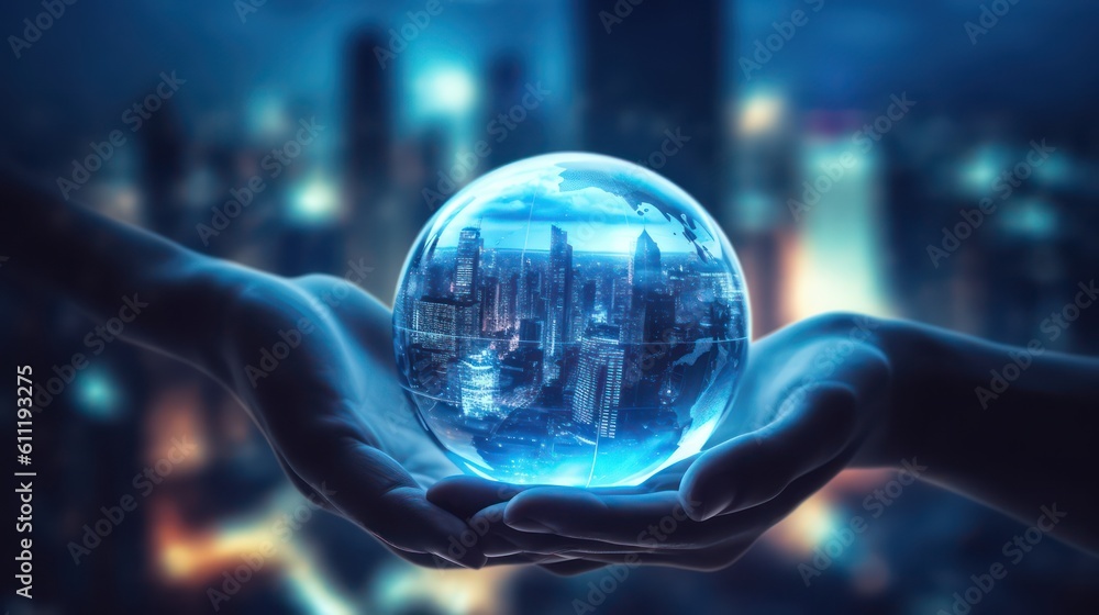 Poster ai generated 3d image of the businessman's hand holding a digital globe hologram on a world network 
