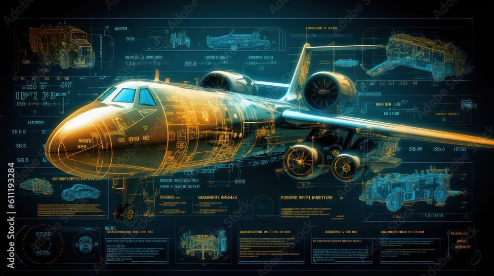Poster ai generated 3d image of airplane hologram in blurred background with hud elements.