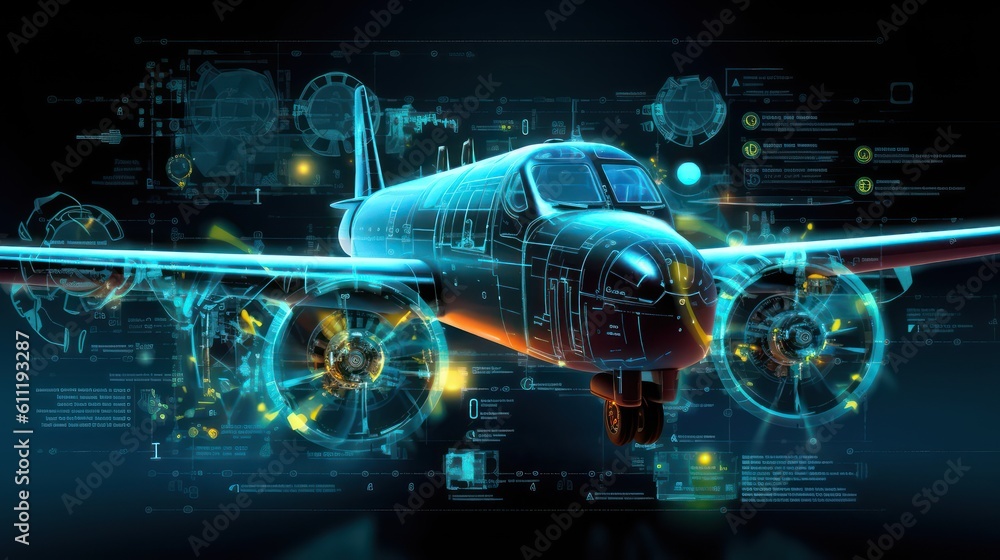 Poster ai generated 3d image of airplane hologram in blurred background with hud elements.