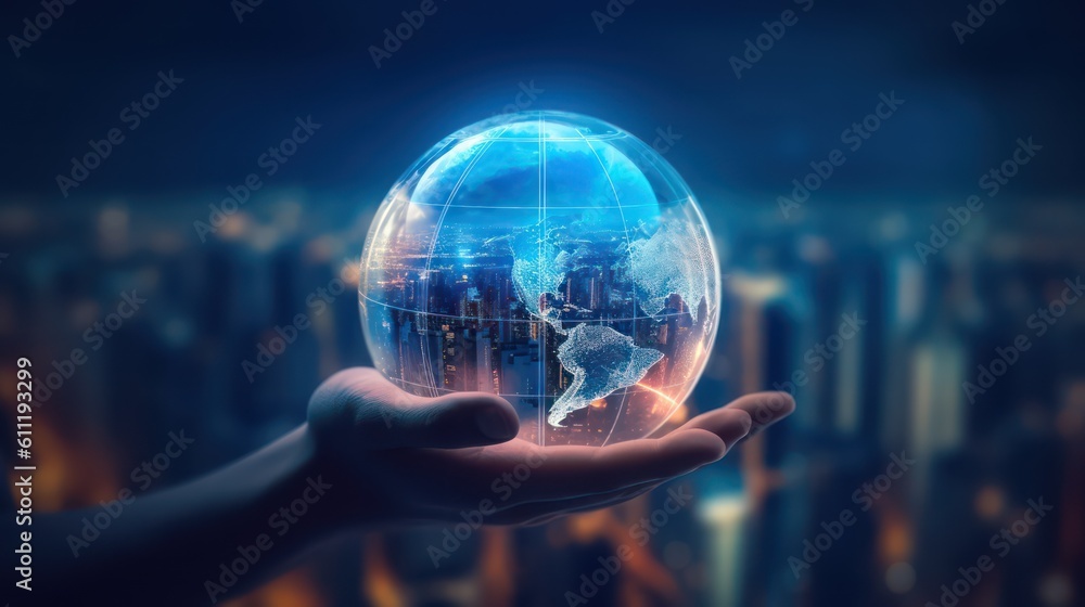 Poster ai generated 3d image of the businessman's hand holding a digital globe hologram on a world network 