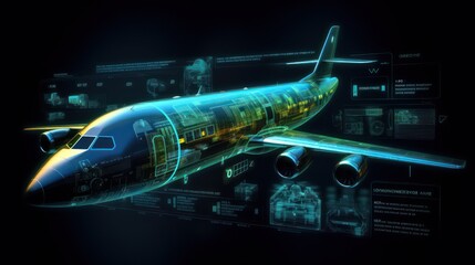AI generated 3d image of airplane hologram in blurred background with HUD elements.