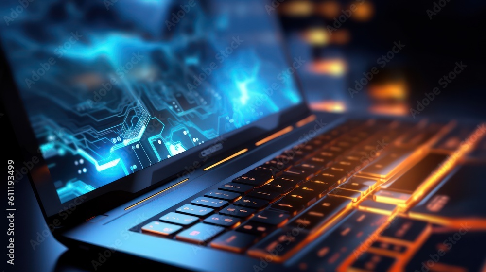 Poster ai generated 3d image of abstract network hologram over laptop pc screen.