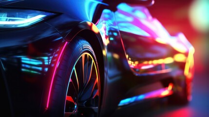 AI generated 3d image of a modern car , wheel with a glowing headlight and blurred background.