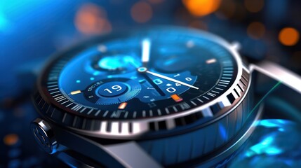 AI generated 3D close-up image of a digital watch face with blurred bokeh background
