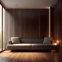 Contemporary minimalist sofa in front of empty wall paneled dark wood wall. Sofa in modern empty room. Luxury dark living room interior with gray sofa. Realistic 3D illustration. Generative AI
