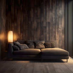 Contemporary minimalist sofa in front of empty wall paneled dark wood wall. Sofa in modern empty room. Luxury dark living room interior with gray sofa. Realistic 3D illustration. Generative AI