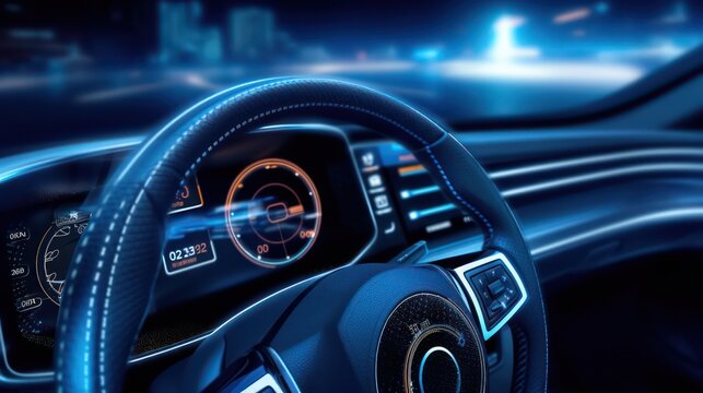 Modern car interior, steering wheel and dashboard. AI generated 3d image

