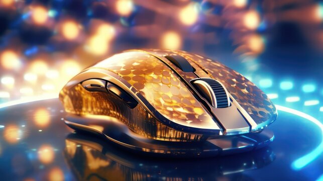 Cyber security concept. Transparent computer mouse on a blurred background. AI generated 3d image 