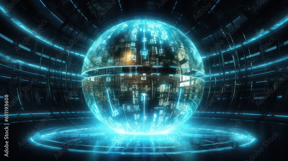 Poster generating ai illustration of a glowing transparent sphere with the abstract digital technology back