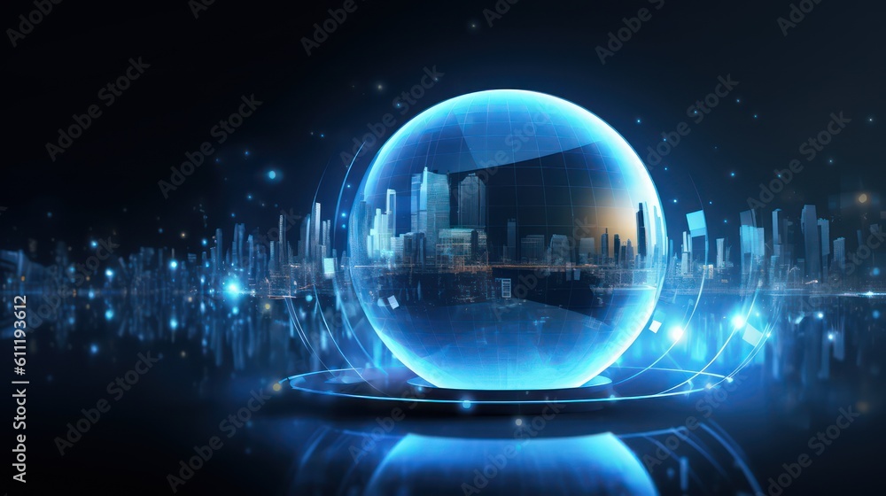 Poster generating ai illustration of a glowing transparent sphere with the abstract digital technology back