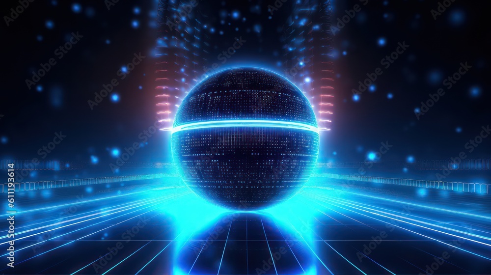 Poster generating ai illustration of a glowing transparent sphere with the abstract digital technology back