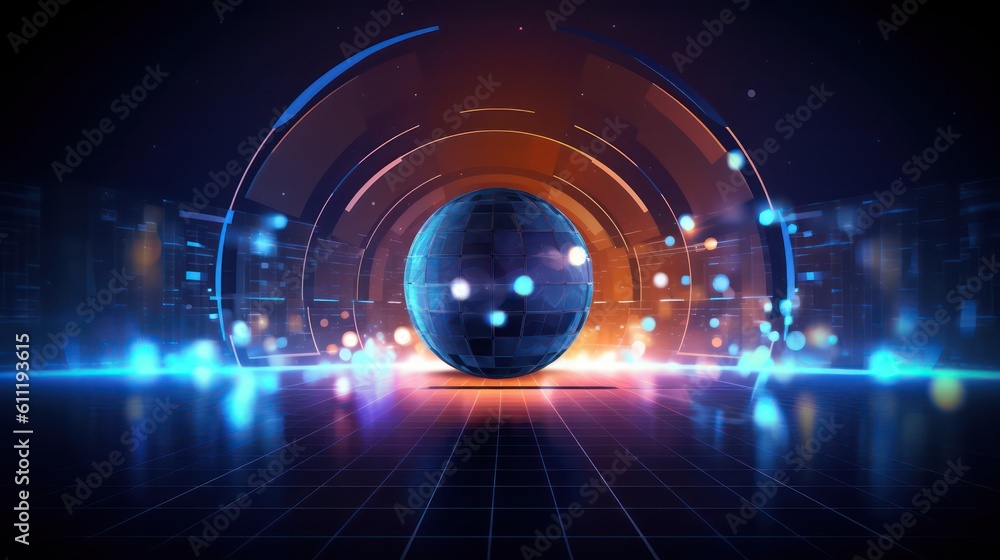 Poster generating ai illustration of a glowing transparent sphere with the abstract digital technology back