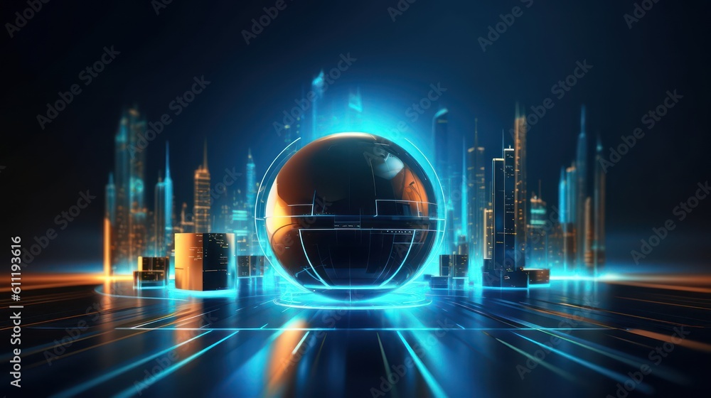 Poster generating ai illustration of a glowing transparent sphere with the abstract digital technology back