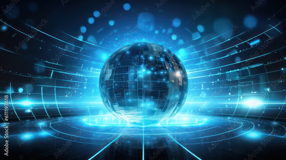 Poster generating ai illustration of a glowing transparent sphere with the abstract digital technology back