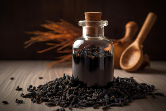 Black seed essential oil and black cumin seeds on the wooden table. Created with generative AI tools