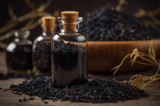 Black seed essential oil and black cumin seeds on the wooden table. Created with generative AI tools