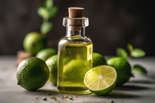 Lime essential oil and fresh limes fruits on the wooden table. Created with generative AI tools