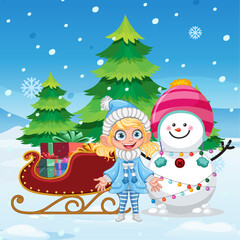 Happy girl with snowman winter background