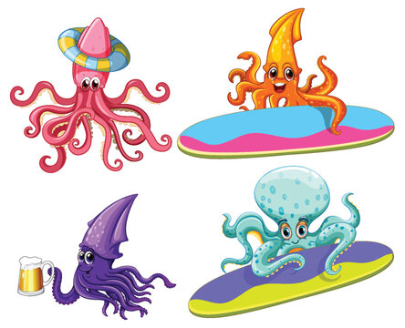 Octopus and Squid Cartoon Characters in Summer Theme