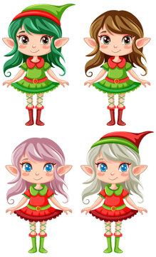 Set of cartoon character in Christmas elf outfit
