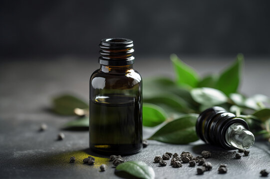 Petitgrain extract essential oil on the wooden table. Created with generative AI tools