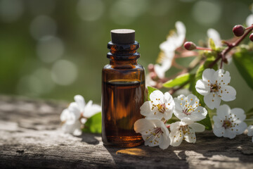 Prunus Amygdalus Dulcis, Almond essential oil and almond flowers on the wooden table. Created with generative AI tools