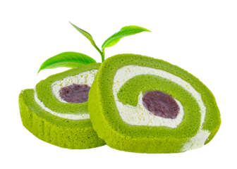 green tea roll cake and green tea leaves transparent png