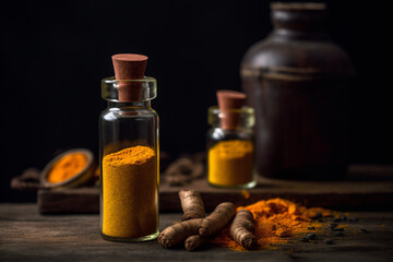 Turmeric essential oil and spices on the wooden table. Created with generative AI tools