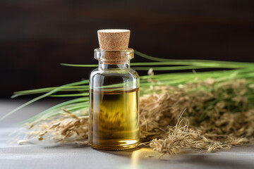 Vetiver essential oil and fresh plant on the wooden table. Created with generative AI tools