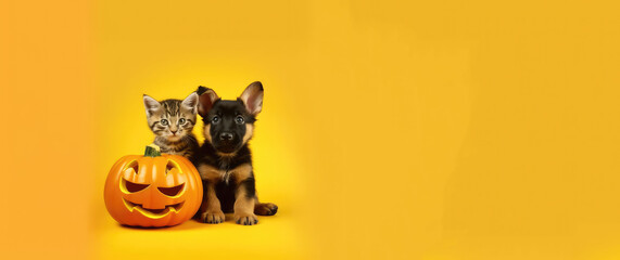 animal cat and dog , autumn and halloween season with generative ai