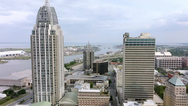 Close up view of downtown Mobile, Alabama with drone video moving in.