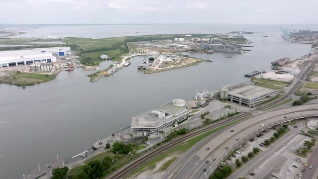 Wide view of Mobile Bay in Mobile, Alabama with drone video moving in.
