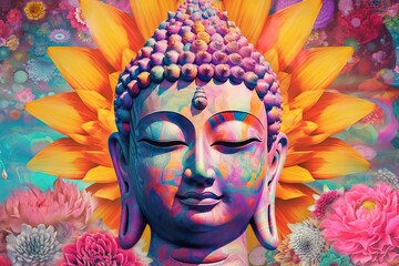 Full-faced and detailed Buddha's head on a colorful background. digital art collage ,Generative AI - obrazy, fototapety, plakaty