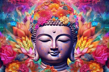 Full-faced and detailed Buddha's head on a colorful background. digital art collage ,Generative AI