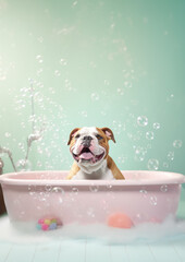 Cute Bulldog dog in a small bathtub with soap foam and bubbles, cute pastel colors.