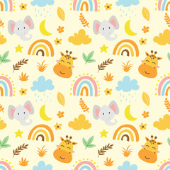 cute vector seamless pattern with safari animals, elephant, giraffe and rainbow. Endless background in childish style for fabric, textile, children