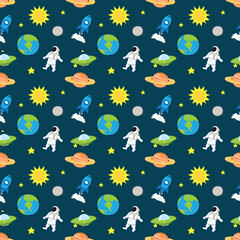 cute astronaut space seamless pattern. vector outer space illustration. seamless pattern with cartoon space rockets, planets, stars and sun.