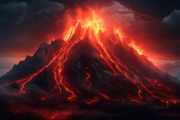 Erupting Volcano with Bright Red Hot Lava and Fire. Generative AI