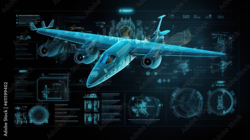 Poster ai generated 3d image of the airplane hologram with a hud elements interface background.