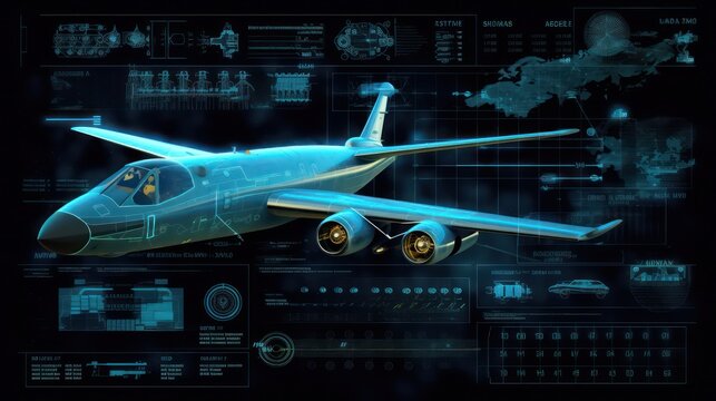 AI generated 3d image of the airplane hologram with a HUD elements interface background.
