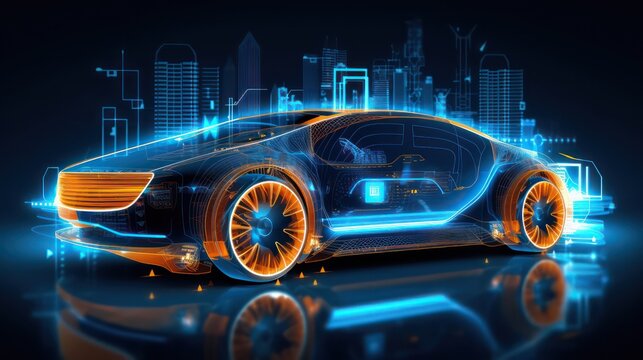 AI Generating picture of a futuristic electric black car with a neon light on the abstract digital technology background.