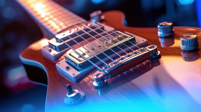 Close-up of electric guitar's strings on a blurred background. AI generated 3d image
