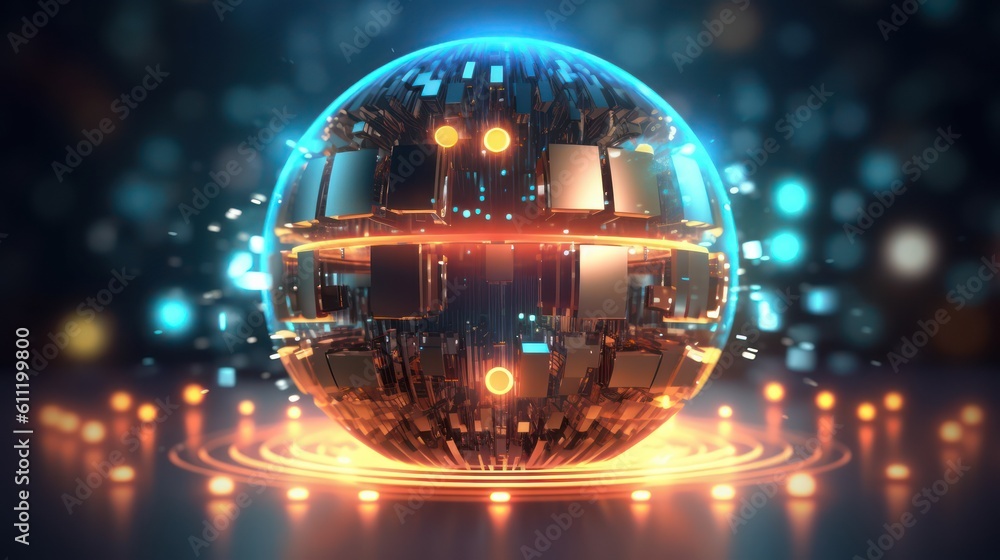 Poster ai generating picture of a glowing transparent sphere with the abstract futuristic digital technolog