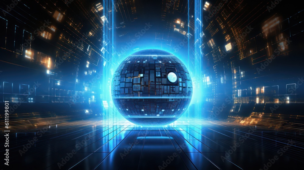 Poster ai generating picture of a glowing transparent sphere with the abstract futuristic digital technolog